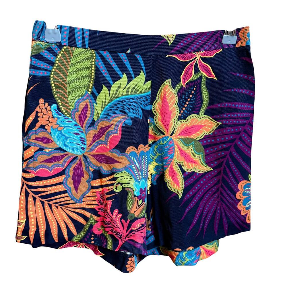 Elie Tahari Tropical Floral Pull On Shorts Womens XS Navy Rayon Resort NWT
